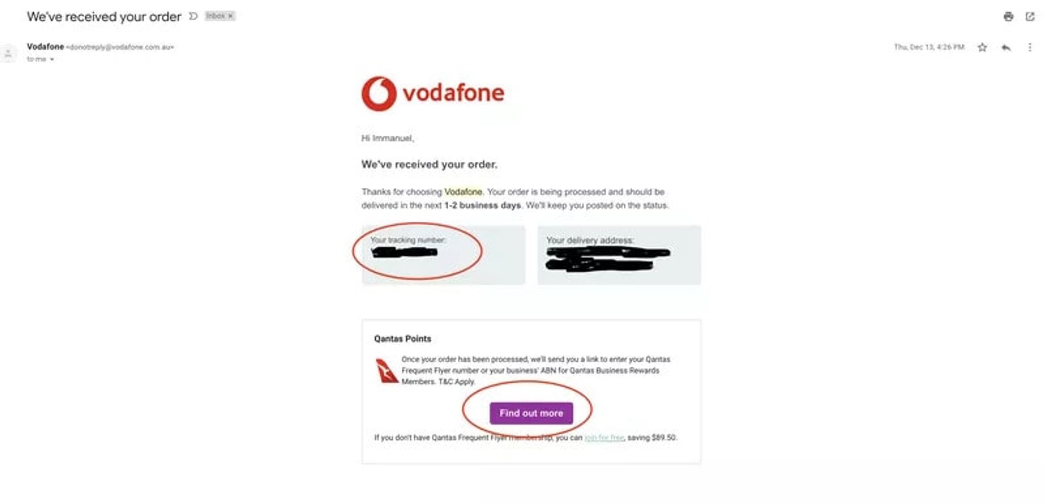 Vodafone order confirmation email with the tracking number and Qantas Points link circled