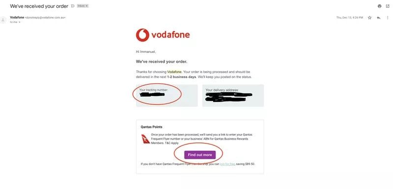 Vodafone order confirmation email with the tracking number and Qantas Points link circled