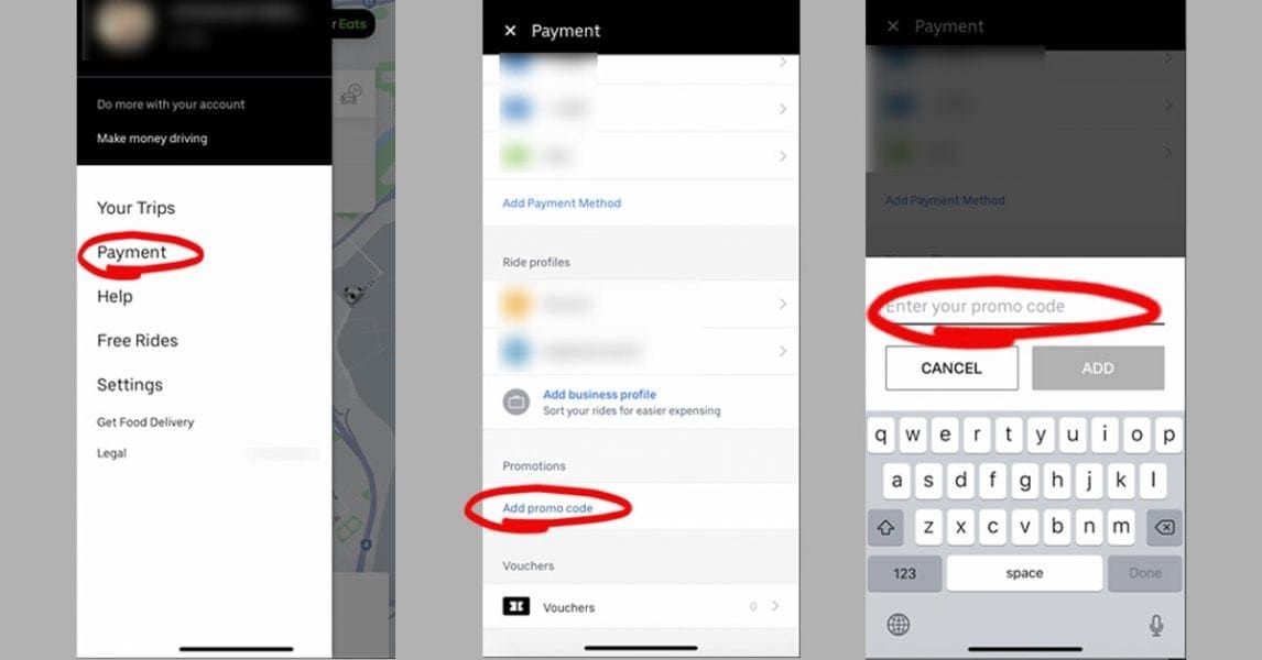 Uber app screens showing where to add a promo code