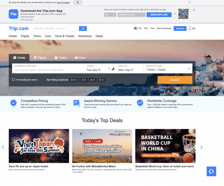 Trip.com homepage with hotel search and today's top deals