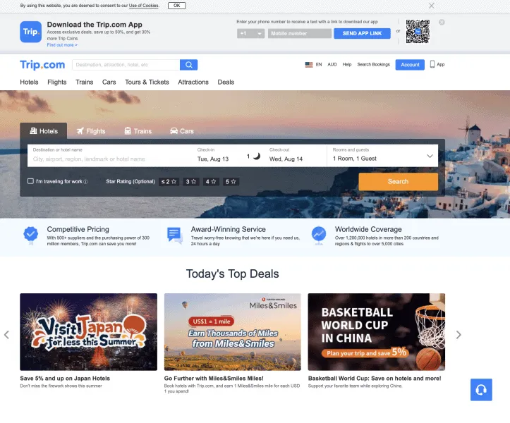Trip.com homepage with hotel search and today's top deals
