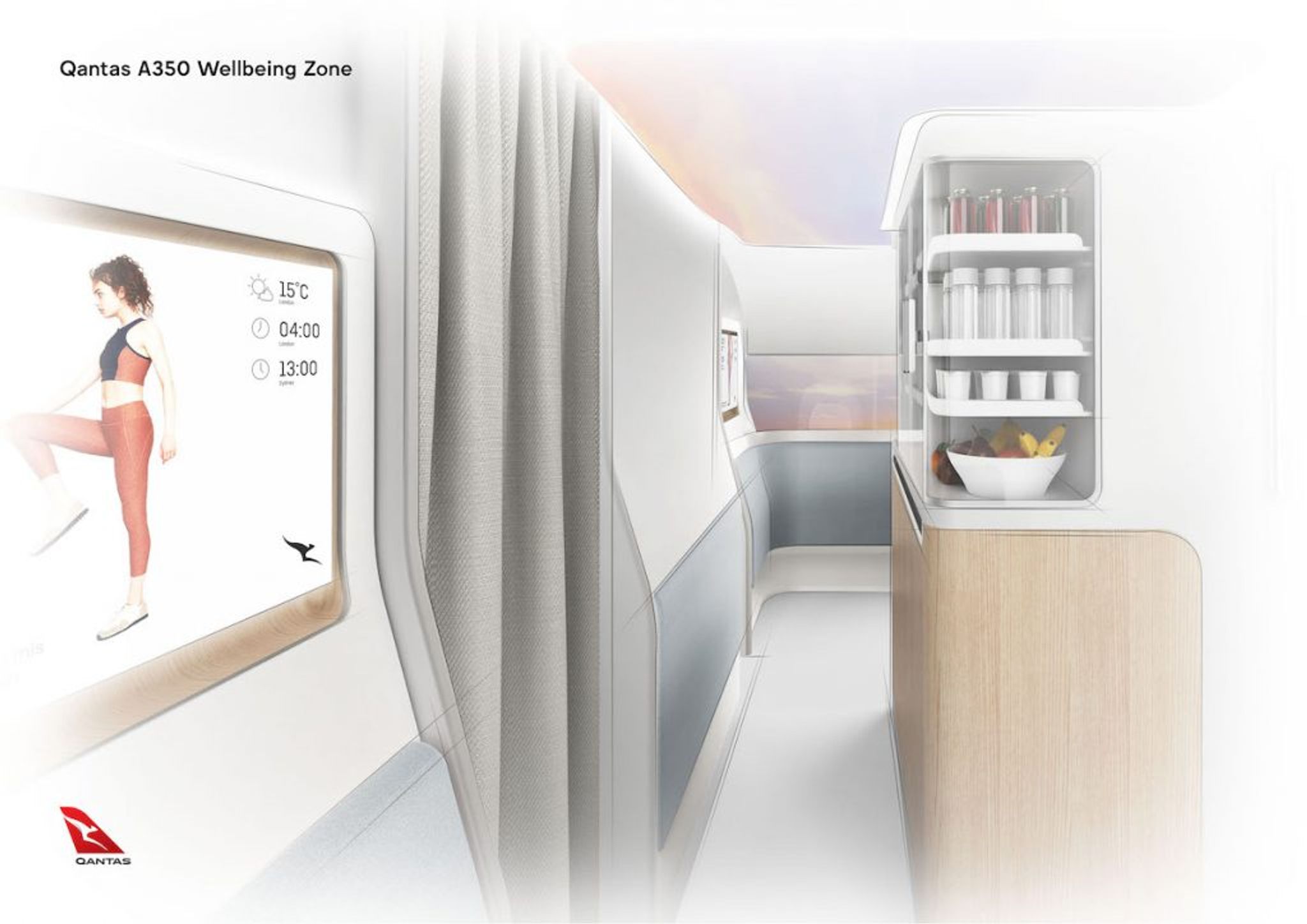 Render of the Qantas A350 Wellbeing Zone with snacks and a stretching screen