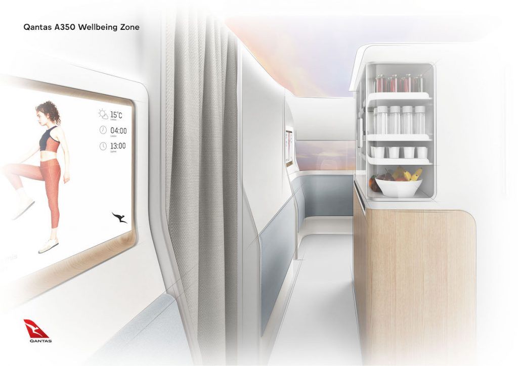 Render of the Qantas A350 Wellbeing Zone with snacks and a stretching screen