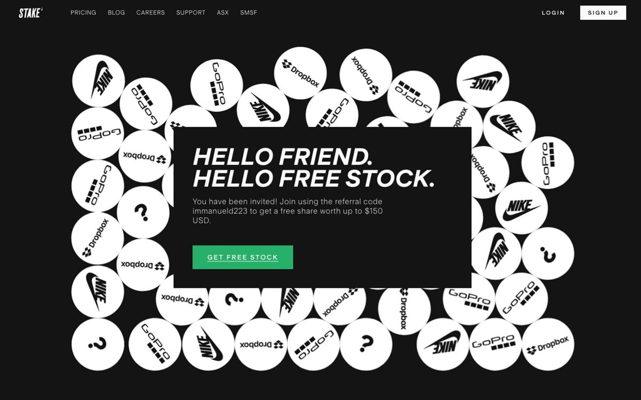 Stake sign-up page offering new members a free share