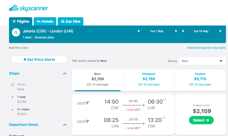 Skyscanner results for Jakarta to London in business class from $2,159