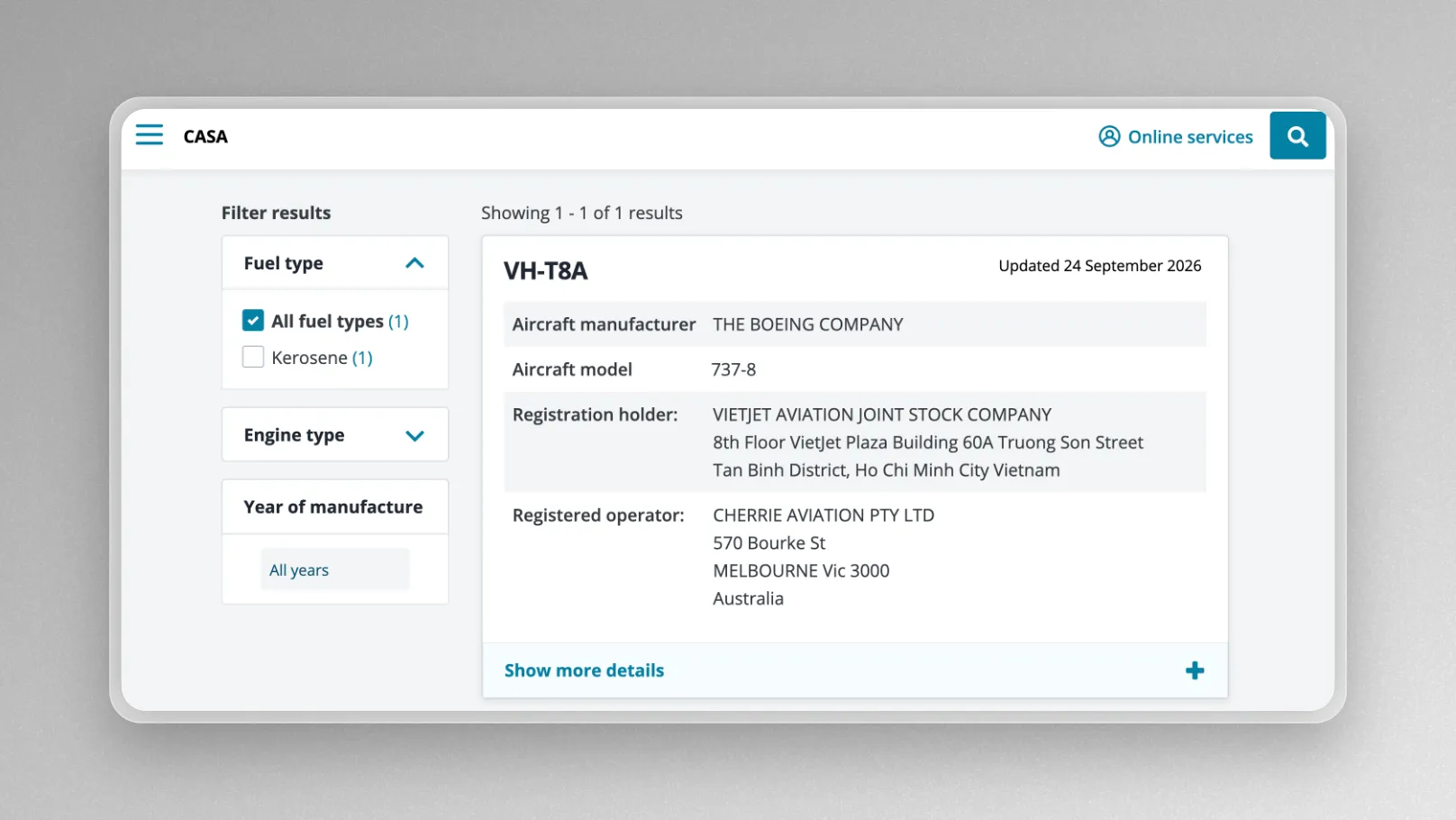 VietJet's VH-T8A on the CASA aircraft register
