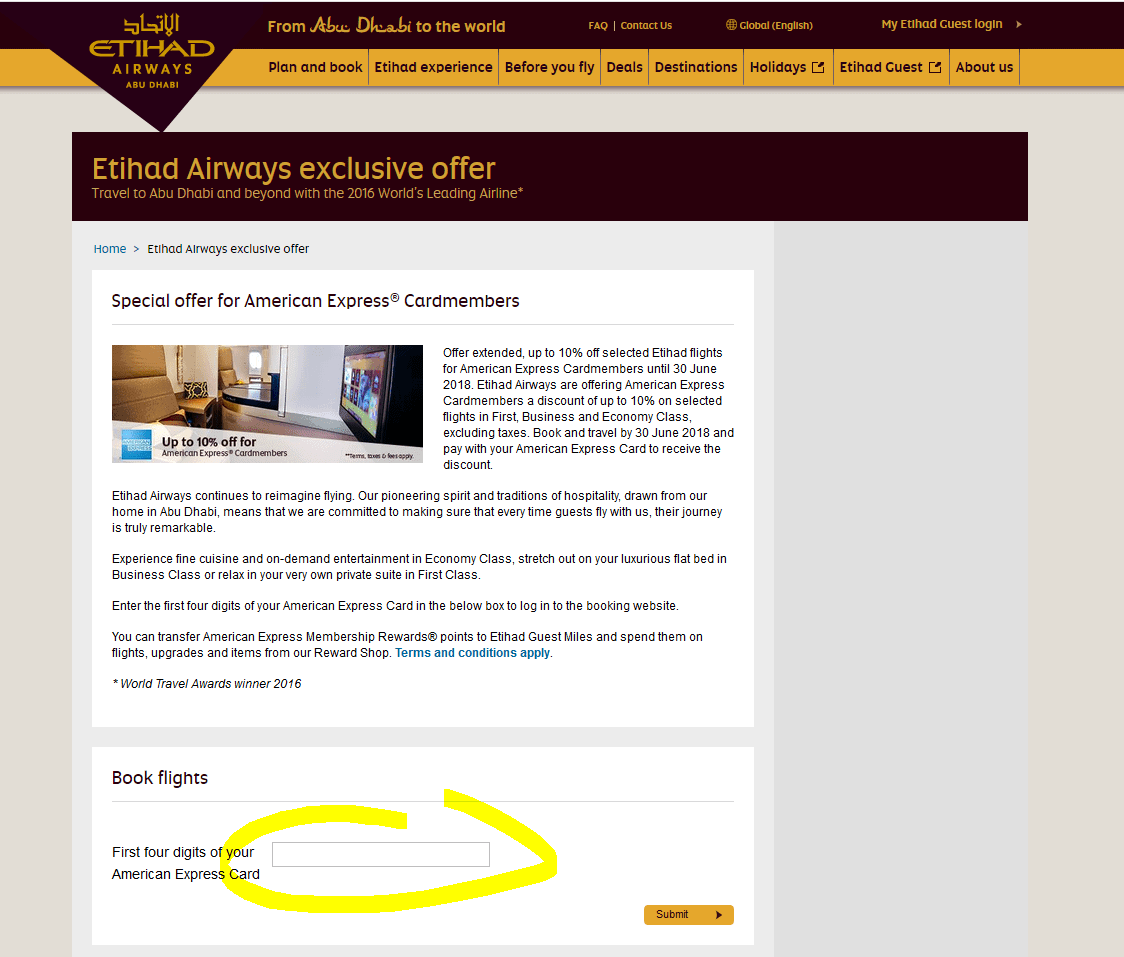Etihad Airways exclusive offer page for American Express Cardmembers with the card number field circled
