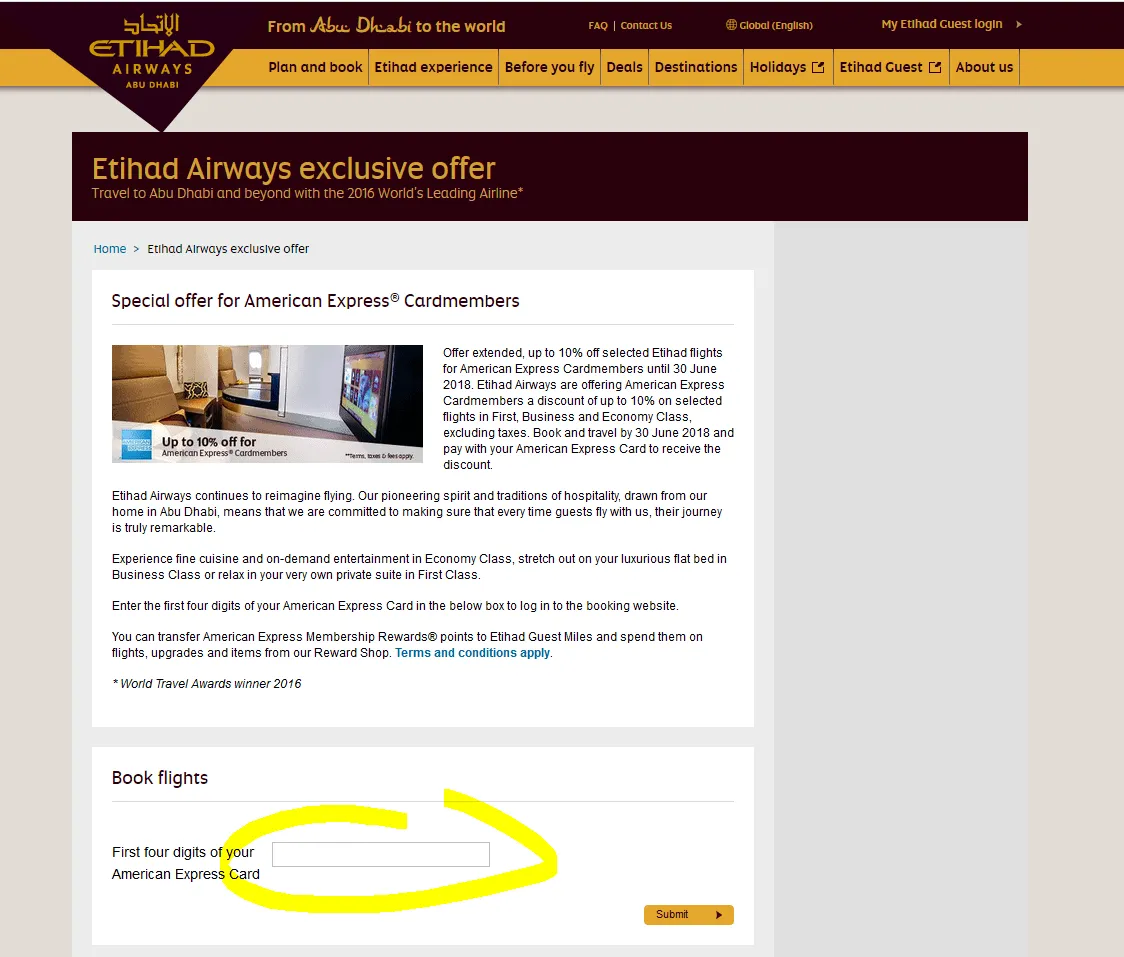 Etihad Airways exclusive offer page for American Express Cardmembers with the card number field circled