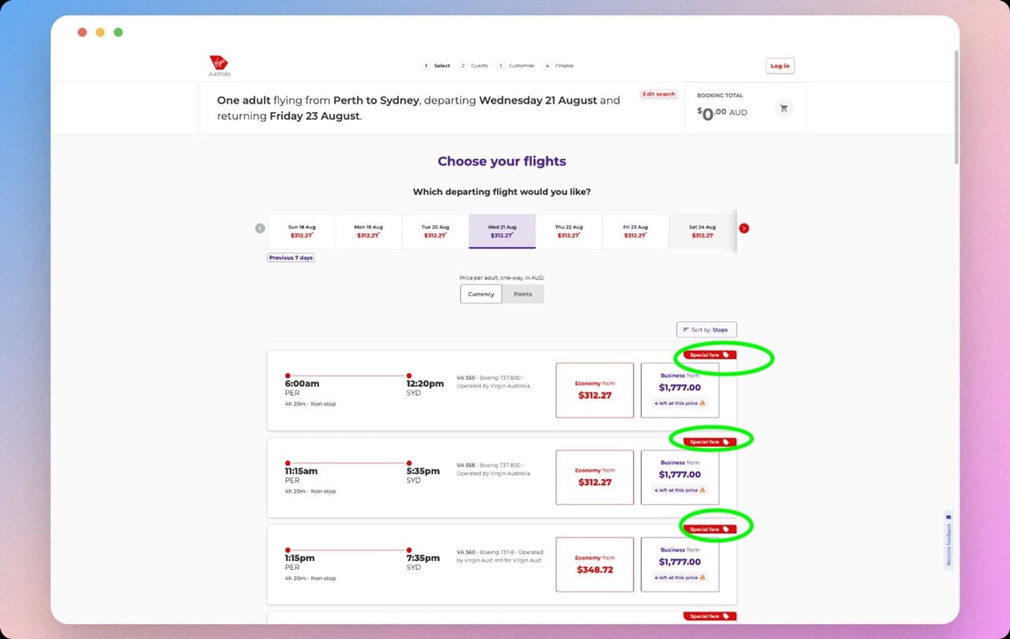 Virgin Australia flight results from Perth to Sydney with special fare labels circled