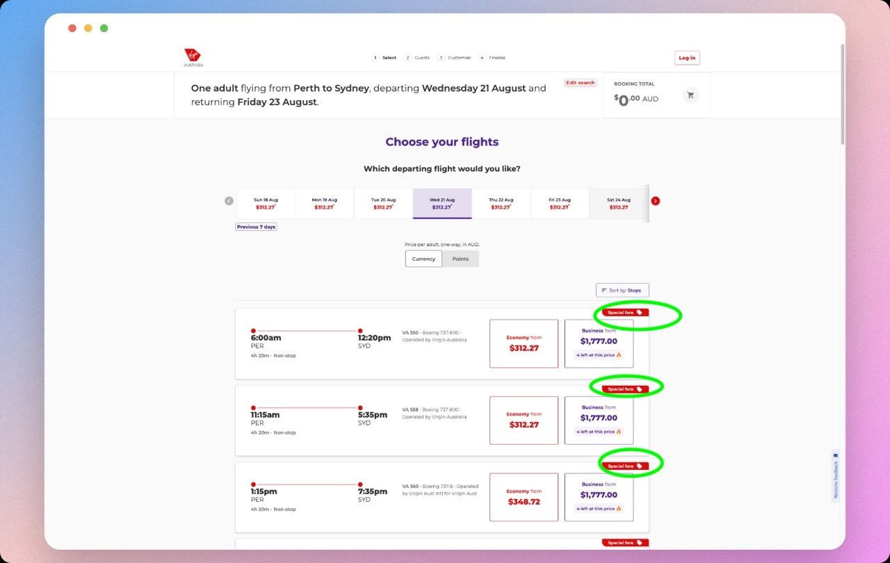 Virgin Australia flight results from Perth to Sydney with special fare labels circled