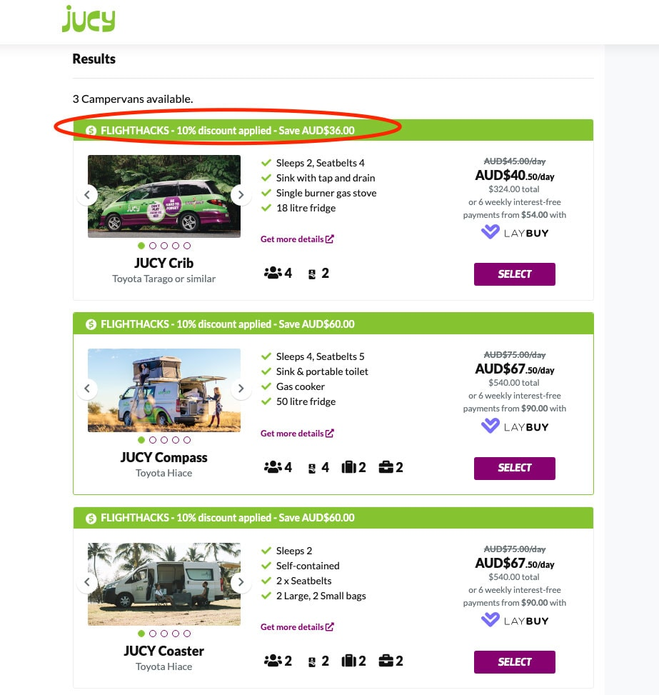Jucy campervan search results with a 10% discount applied
