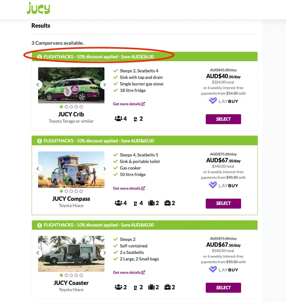 Jucy campervan search results with a 10% discount applied