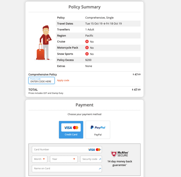 Fast Cover travel insurance policy summary and payment page