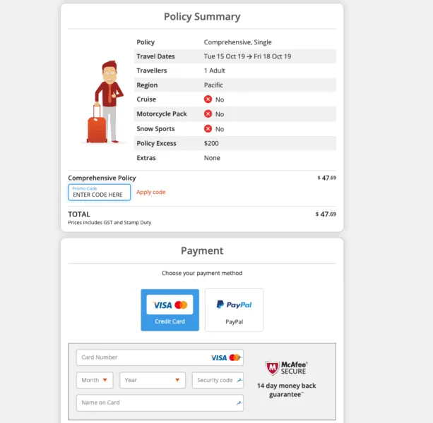 Fast Cover travel insurance policy summary and payment page