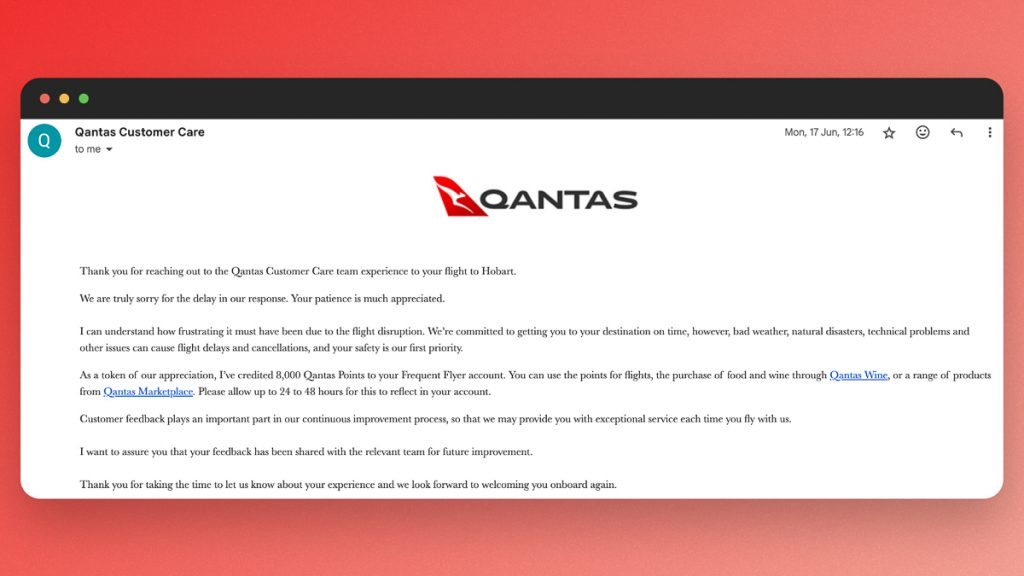 Email from Qantas Customer Care confirming 8,000 Qantas Points credited