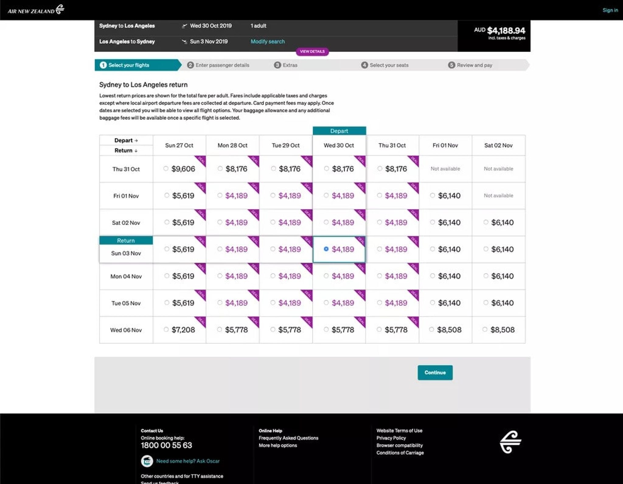 Air New Zealand fare calendar for Sydney to Los Angeles business class from $4,189