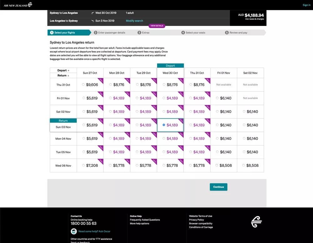 Air New Zealand fare calendar for Sydney to Los Angeles business class from $4,189