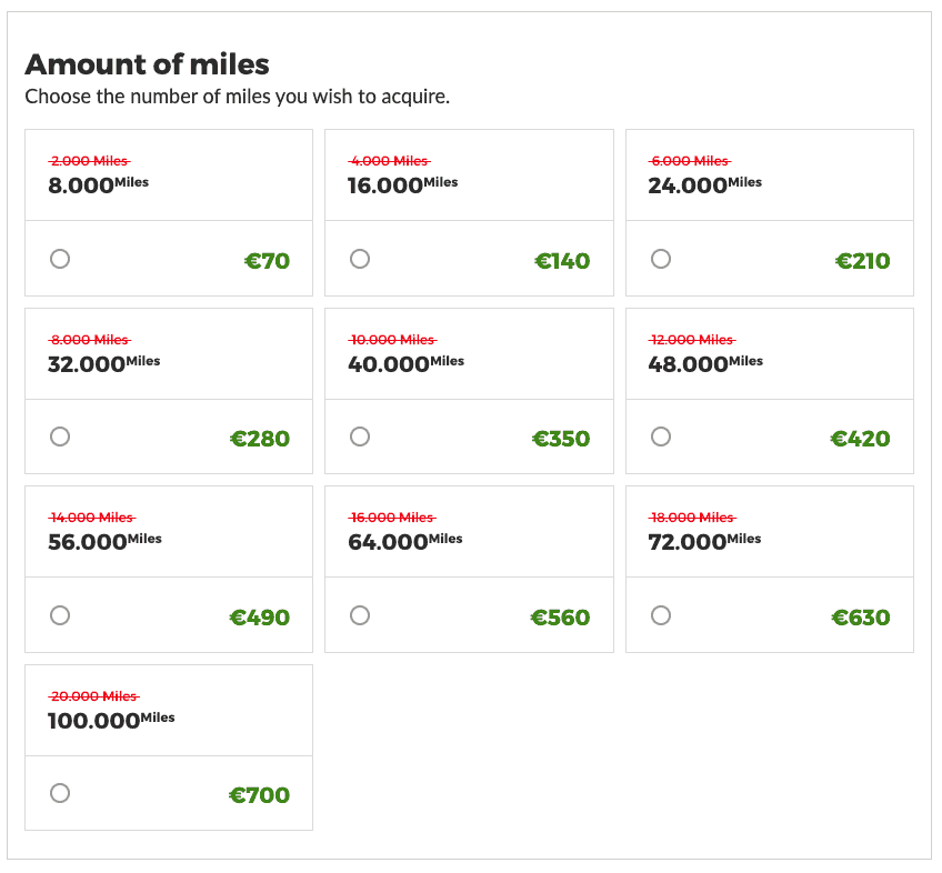 TAP Miles&Go buy miles options with prices in euros