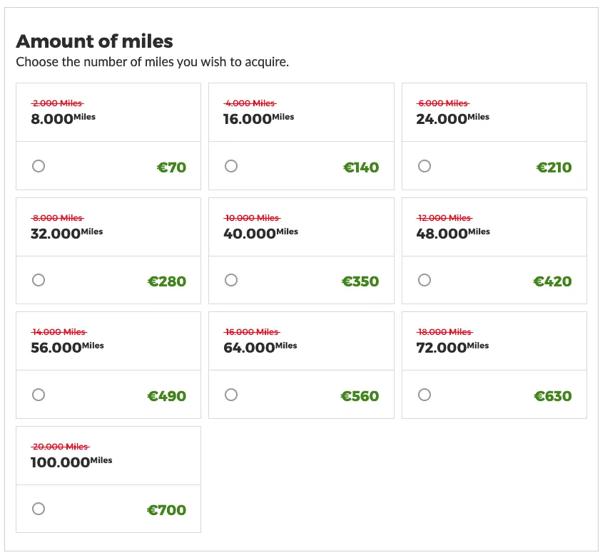 TAP Miles&Go buy miles options with prices in euros
