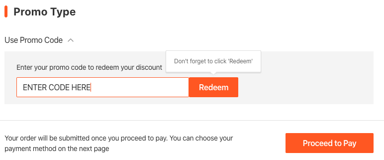 Klook checkout with the promo code field and Redeem button