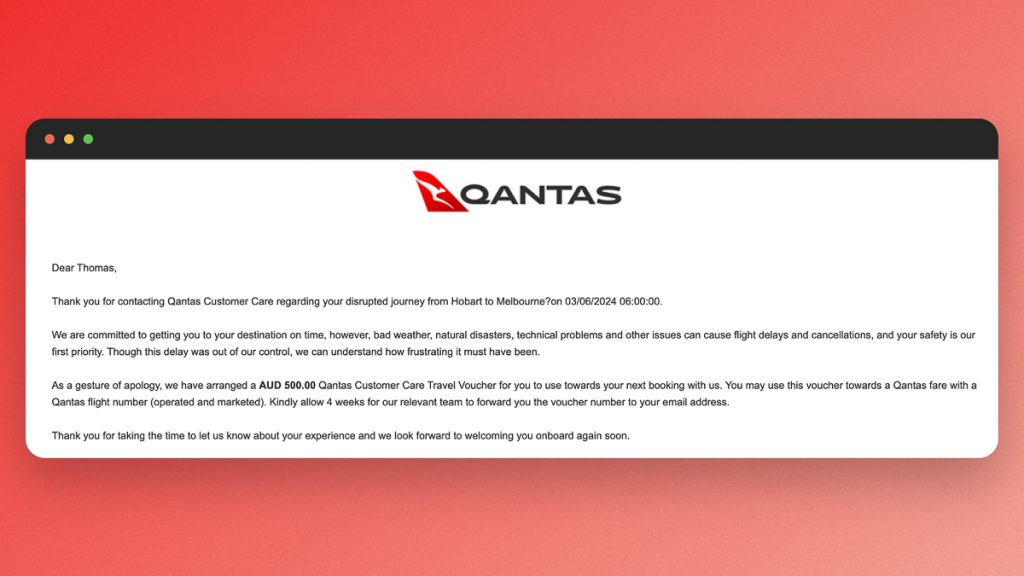 Qantas Customer Care email offering an AUD 500 travel voucher