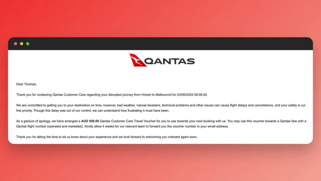 Qantas Customer Care email offering an AUD 500 travel voucher