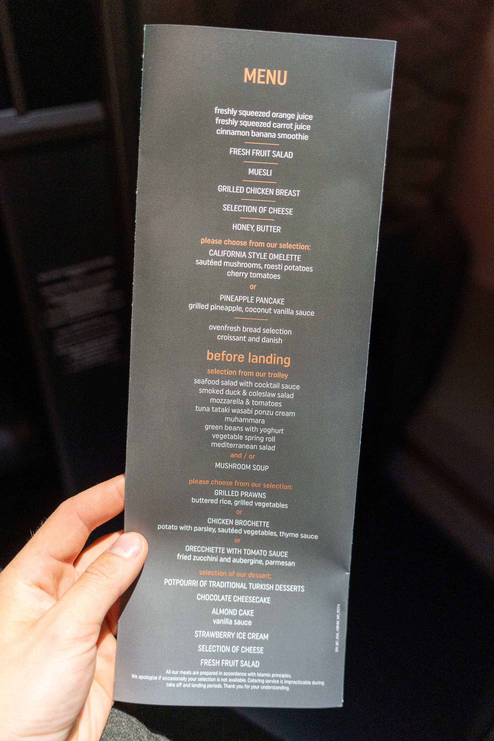 Turkish Airlines business class breakfast and pre-landing menu