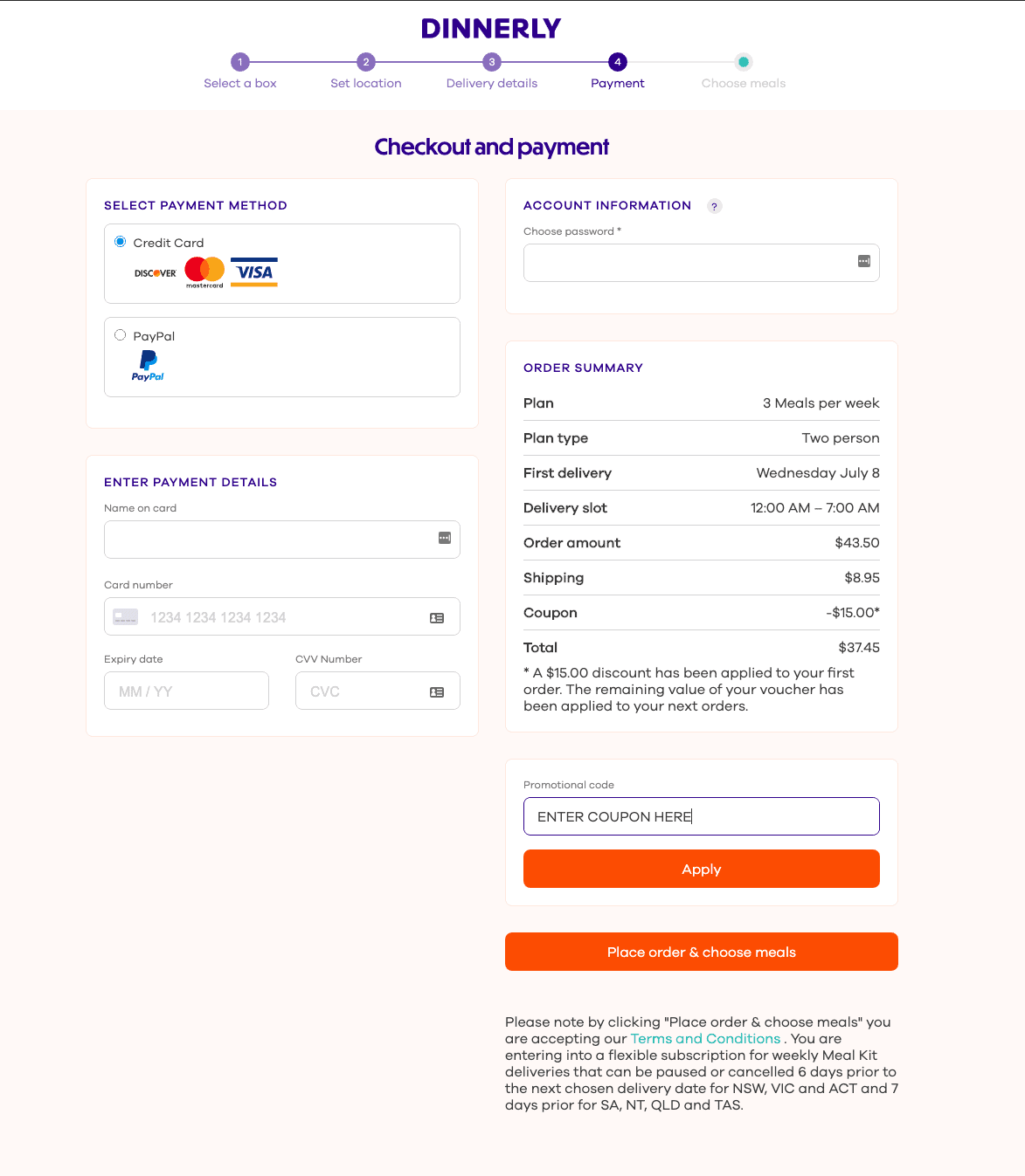 Dinnerly checkout page with order summary and promotional code field