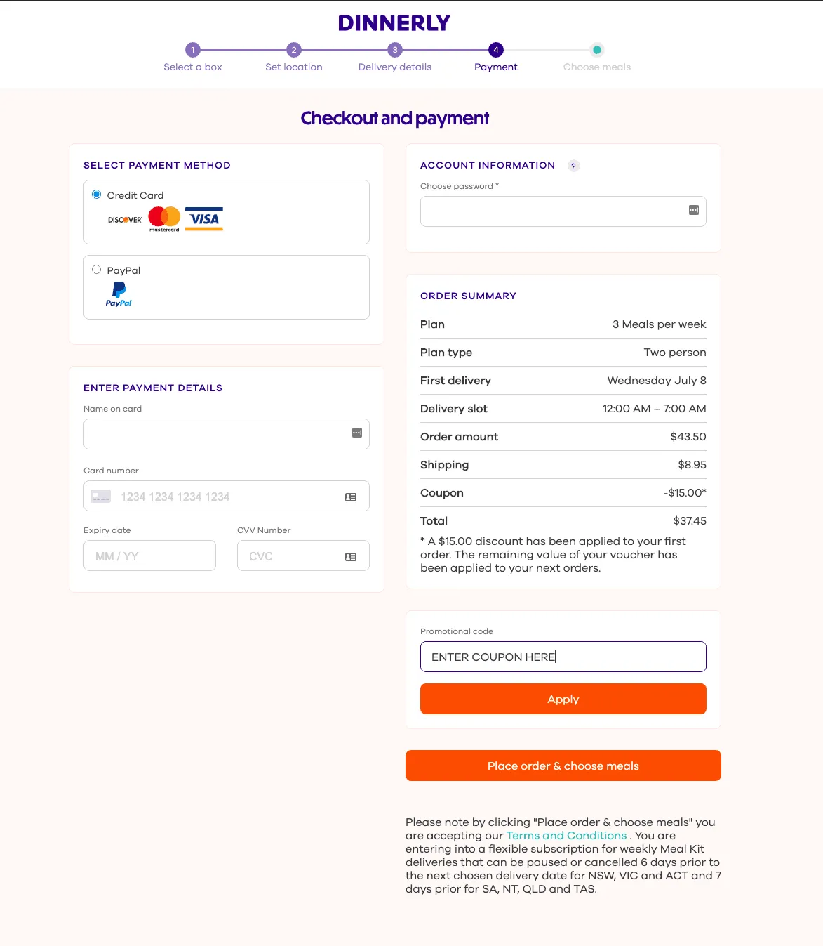 Dinnerly checkout page with order summary and promotional code field