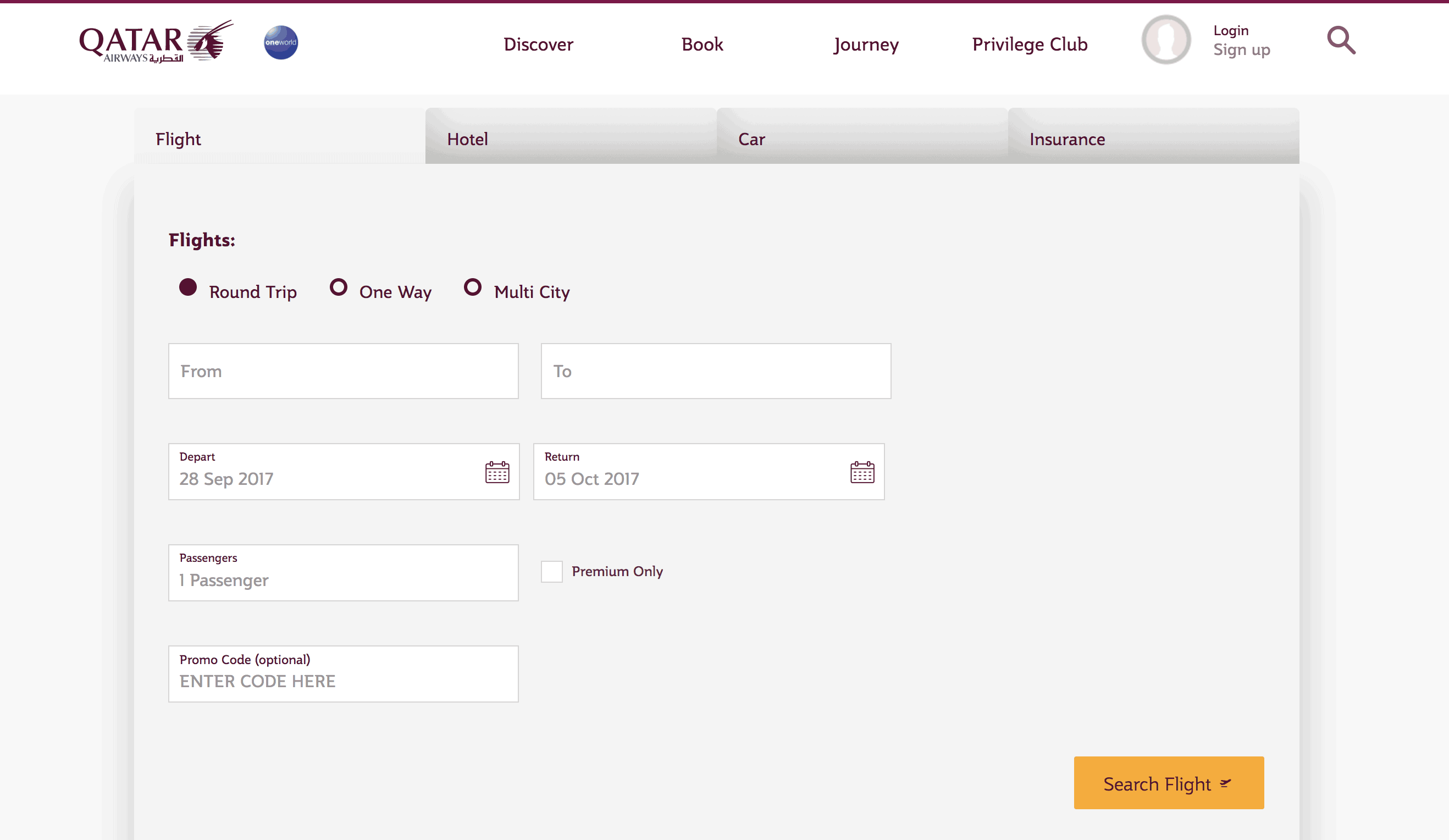 Qatar Airways flight search form with the promo code field