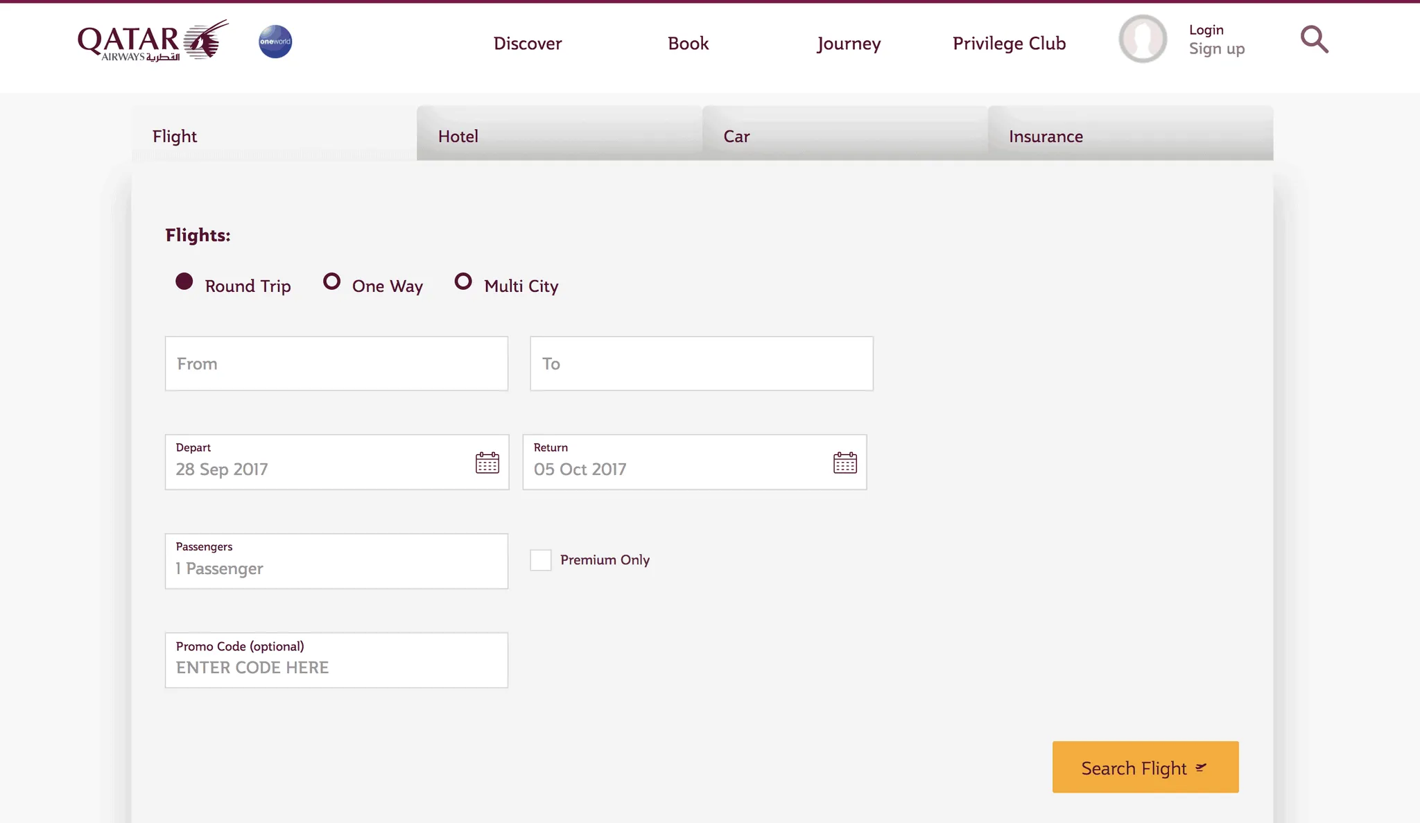 Qatar Airways flight search form with the promo code field