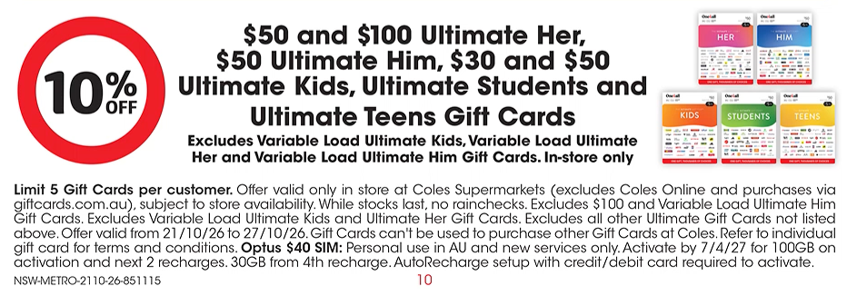 Coles bonus offer on gift cards