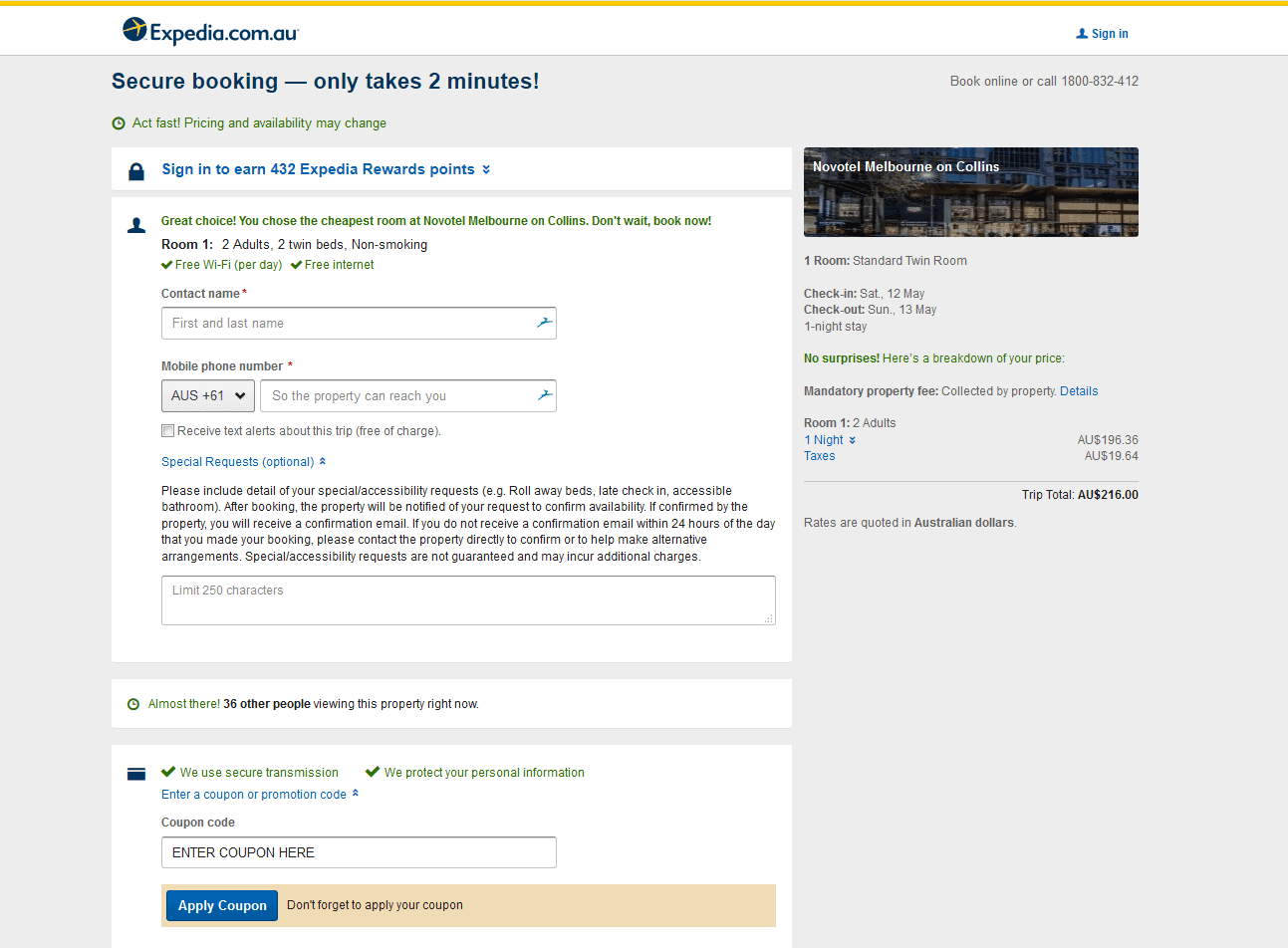 Expedia hotel booking page with the coupon code field