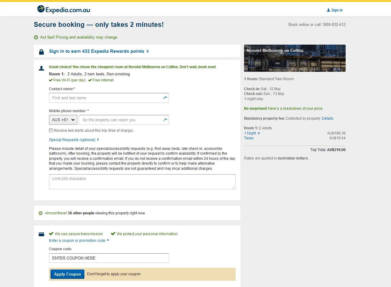 Expedia hotel booking page with the coupon code field