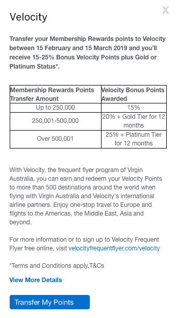 Amex Membership Rewards to Velocity bonus tiers with Gold or Platinum status