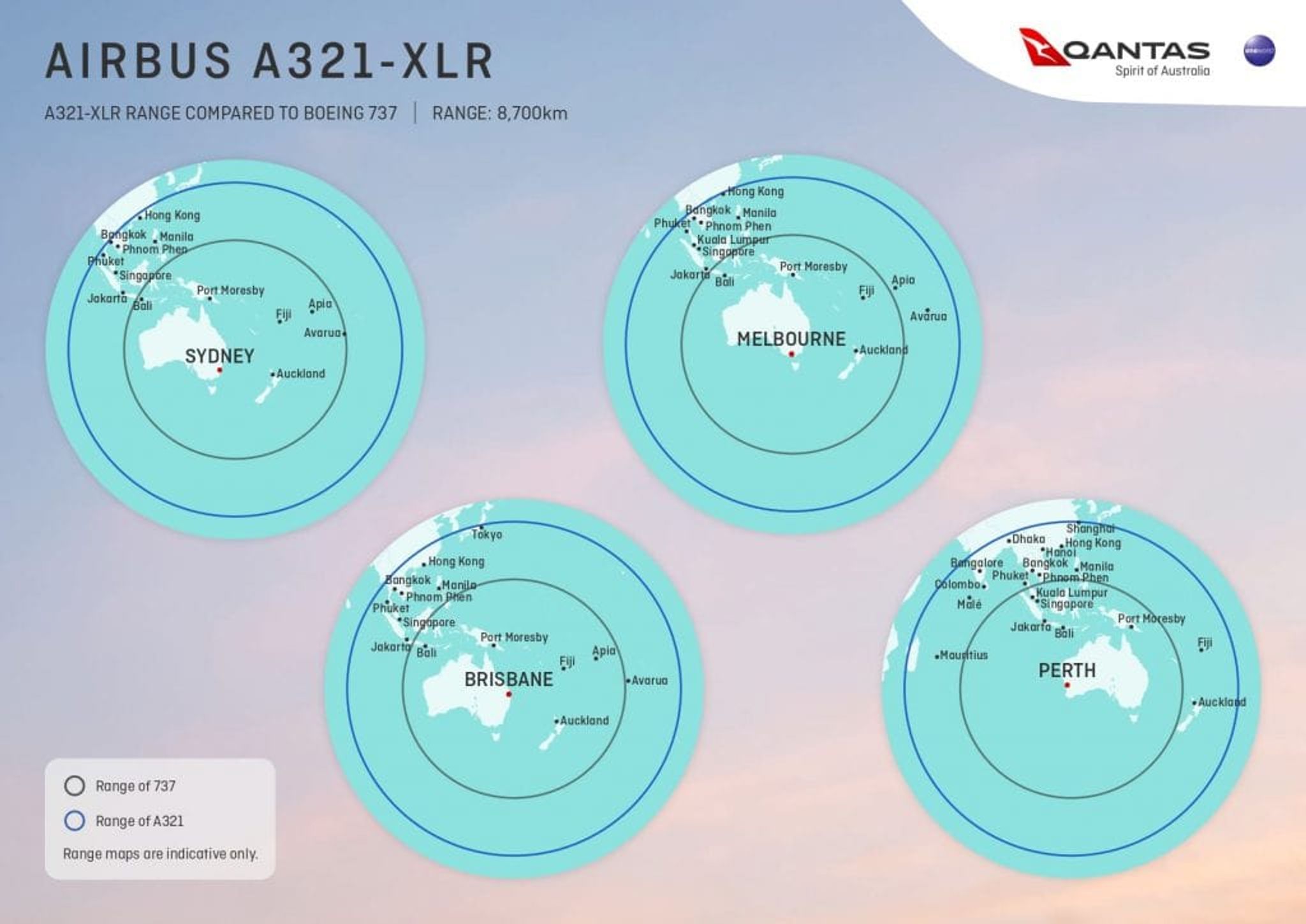 Qantas Airbus A321XLR range map
