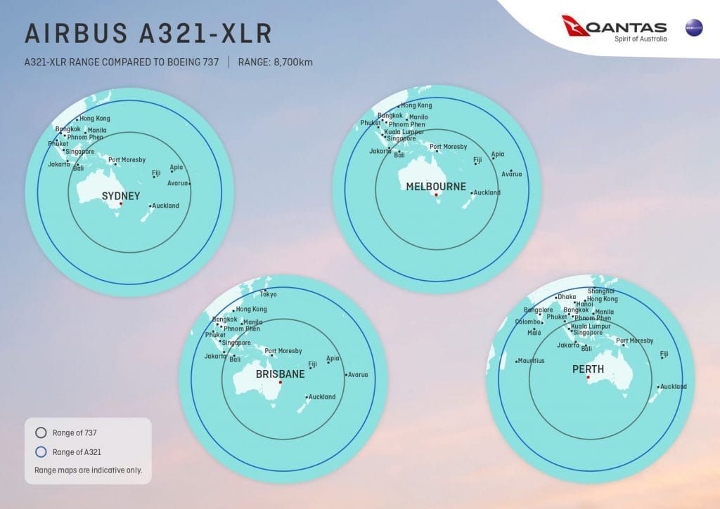 Qantas Airbus A321XLR range map