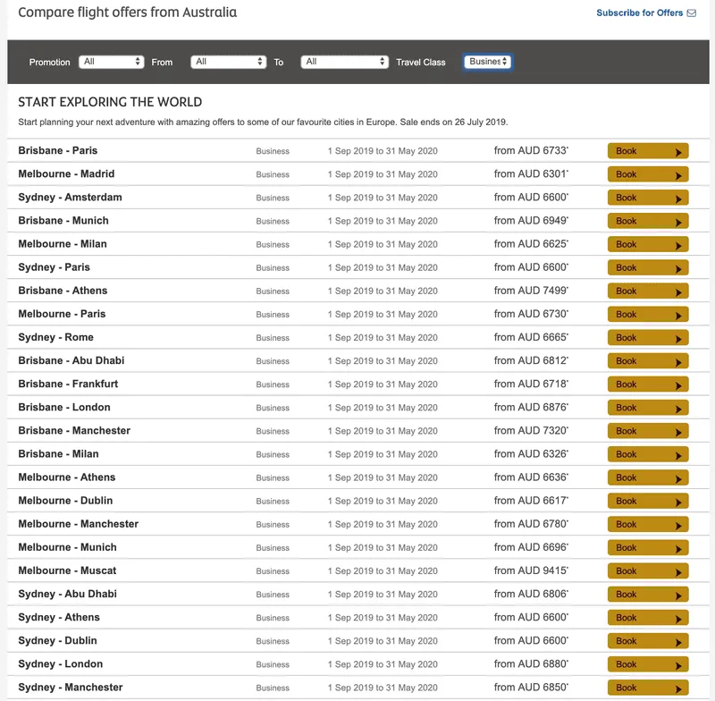 Etihad sale fares in business class from Australian cities to Europe