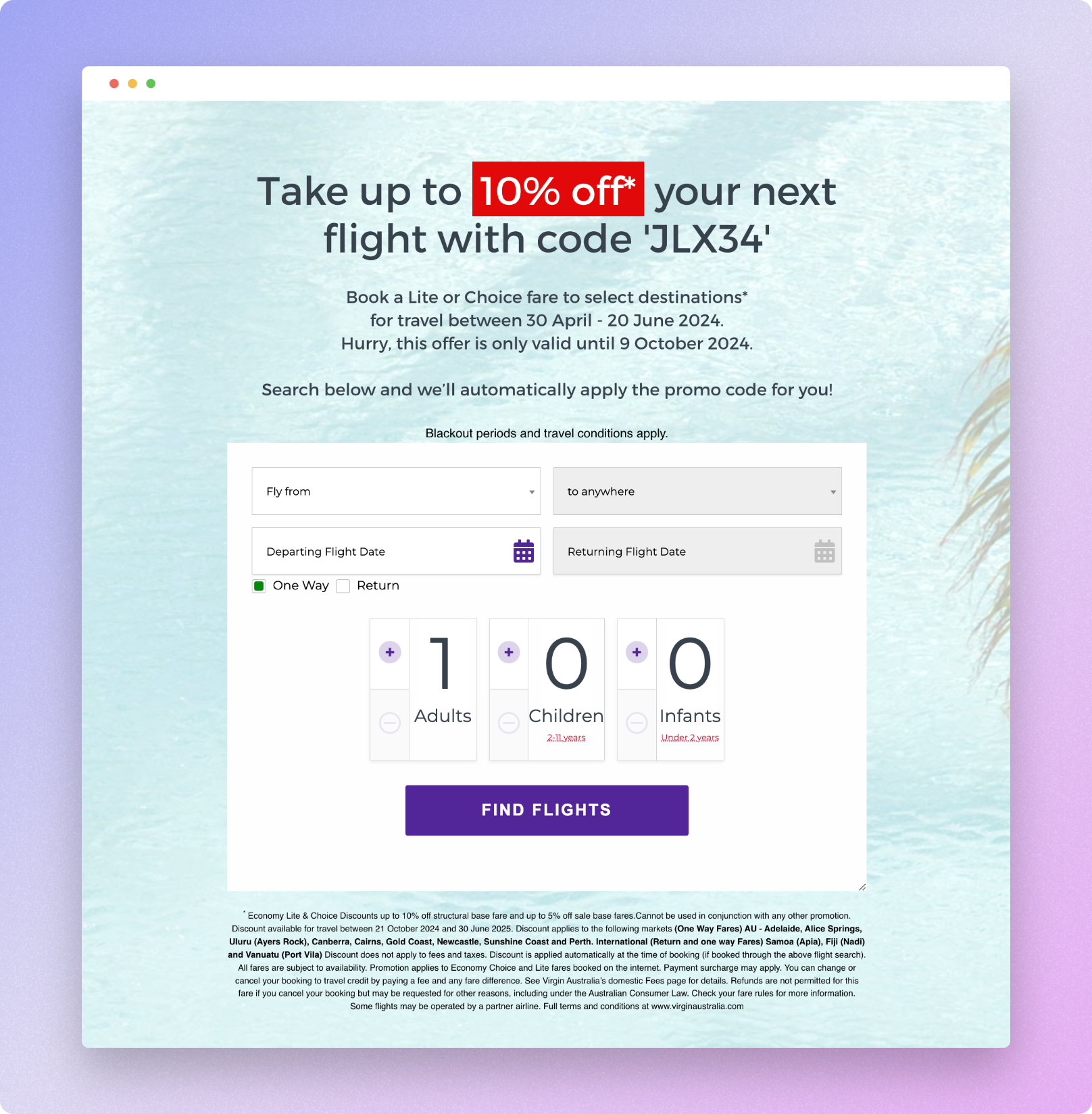 Virgin Australia booking page offering up to 10% off Lite and Choice fares