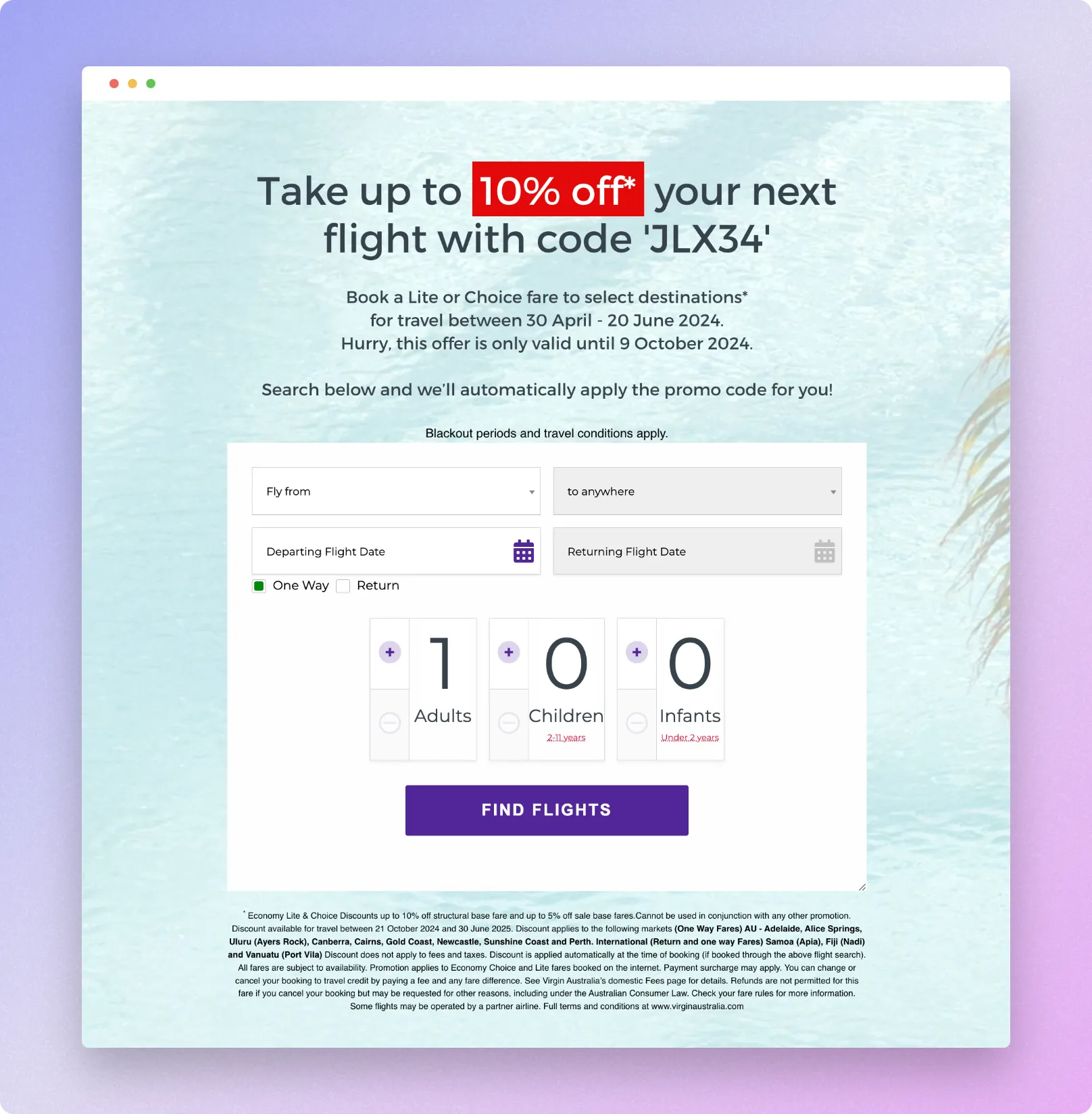Virgin Australia booking page offering up to 10% off Lite and Choice fares