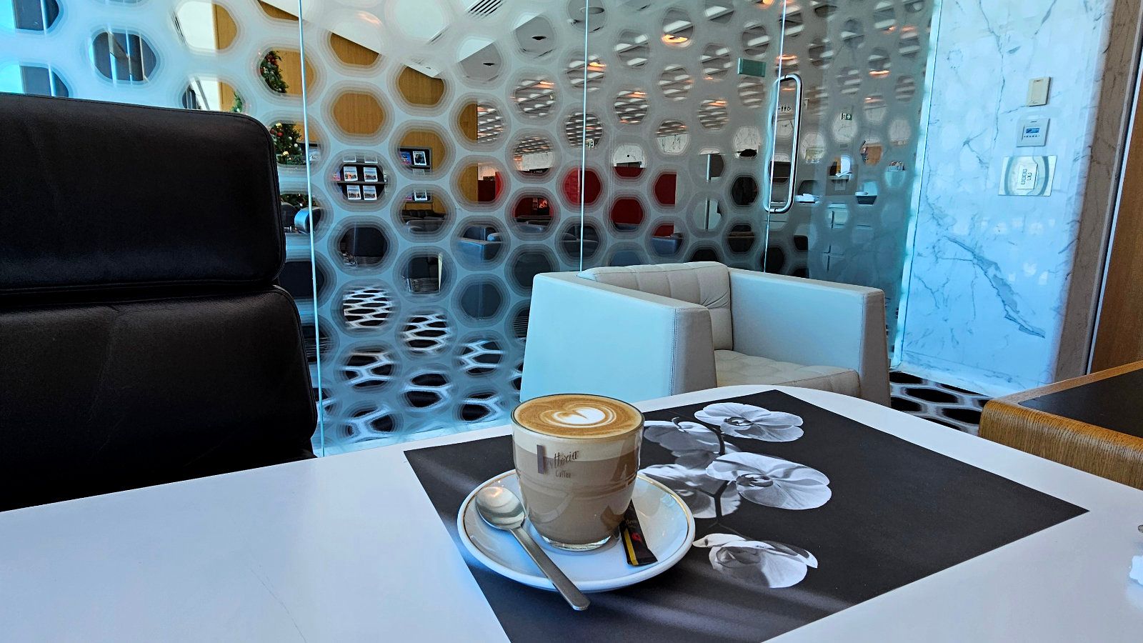 Dining at the Qantas First Lounge in Melbourne