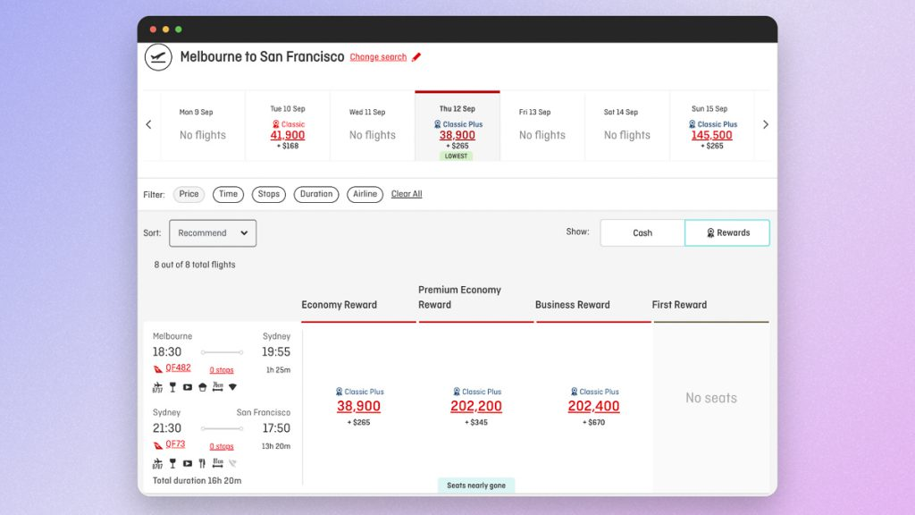 Qantas reward search for Melbourne to San Francisco showing a Classic Plus Economy price of 38,900 points