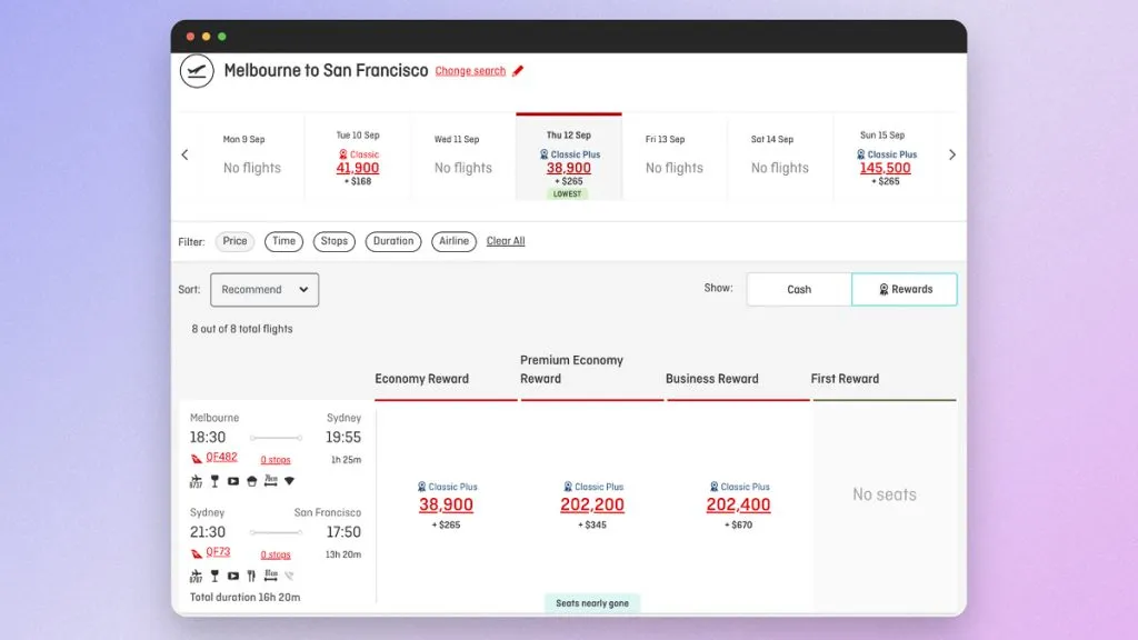 Qantas reward search for Melbourne to San Francisco showing a Classic Plus Economy price of 38,900 points