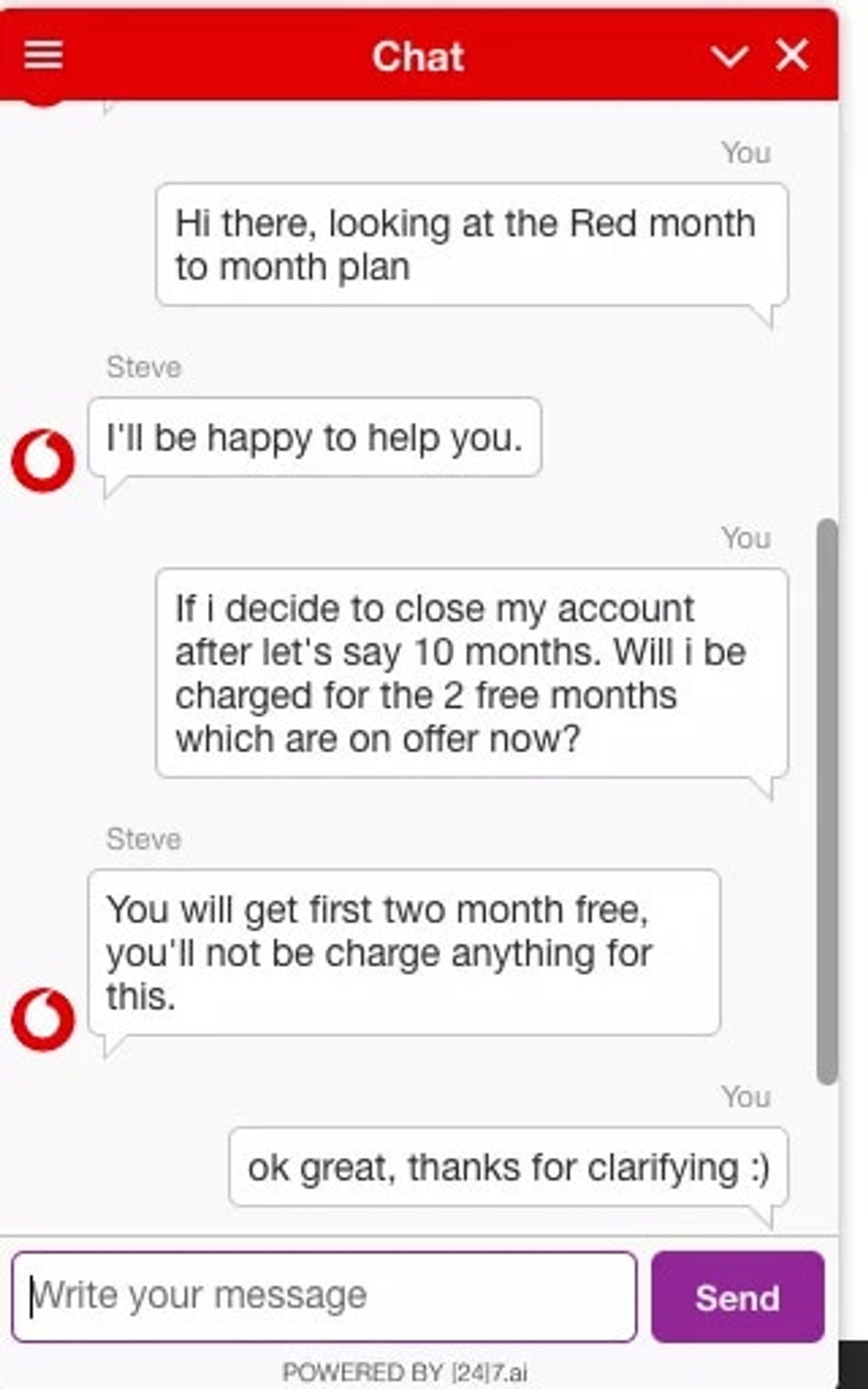 Vodafone online chat confirming no charge for the two free months if the account is closed