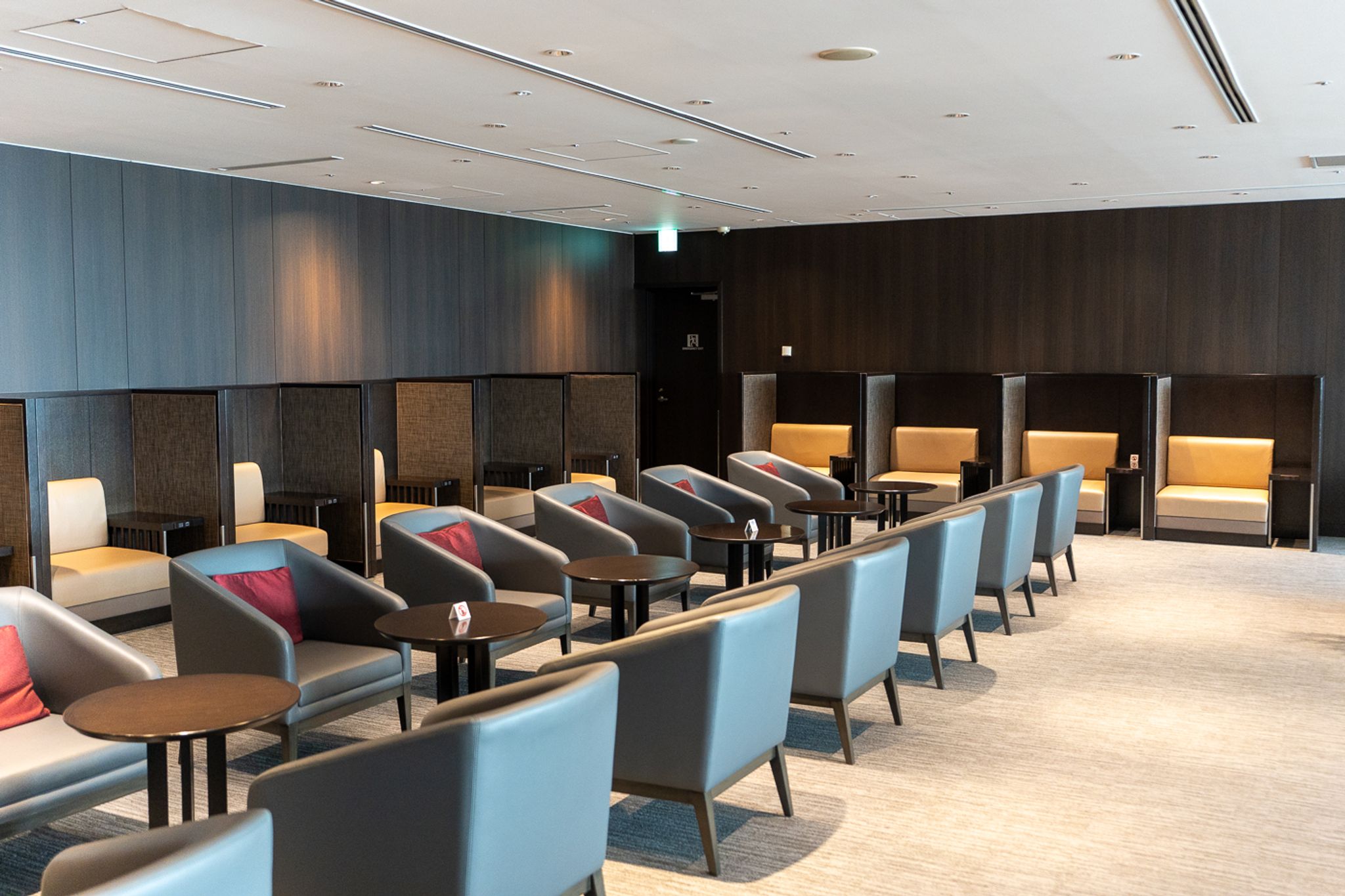 Rows of armchairs in the Japan Airlines lounge in Tokyo