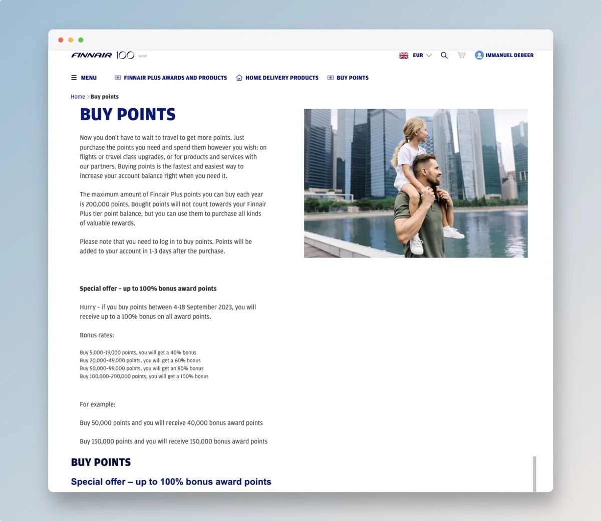 Finnair Plus Buy Points page showing the up to 100% bonus offer