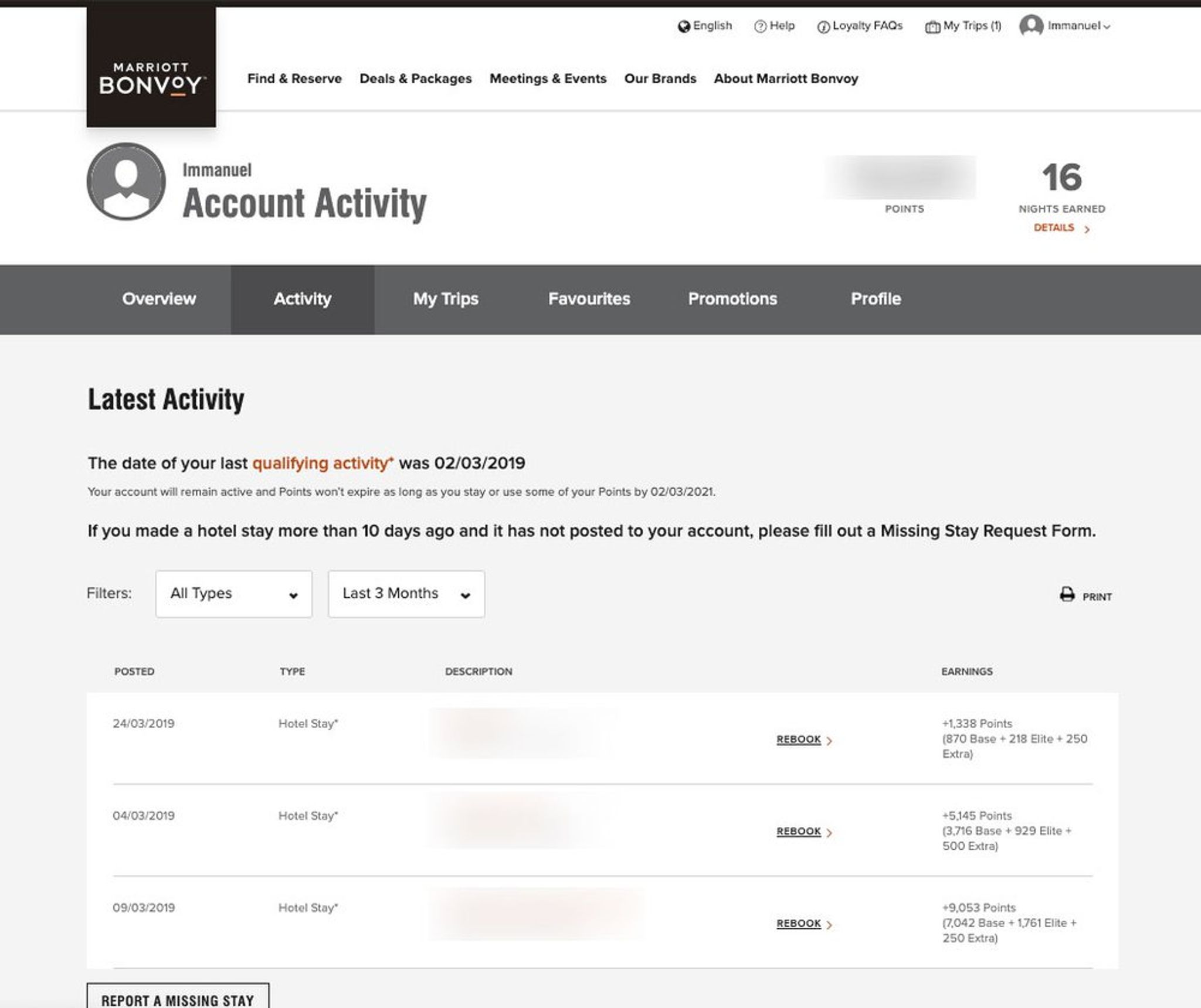 Marriott Bonvoy account activity showing 16 nights earned