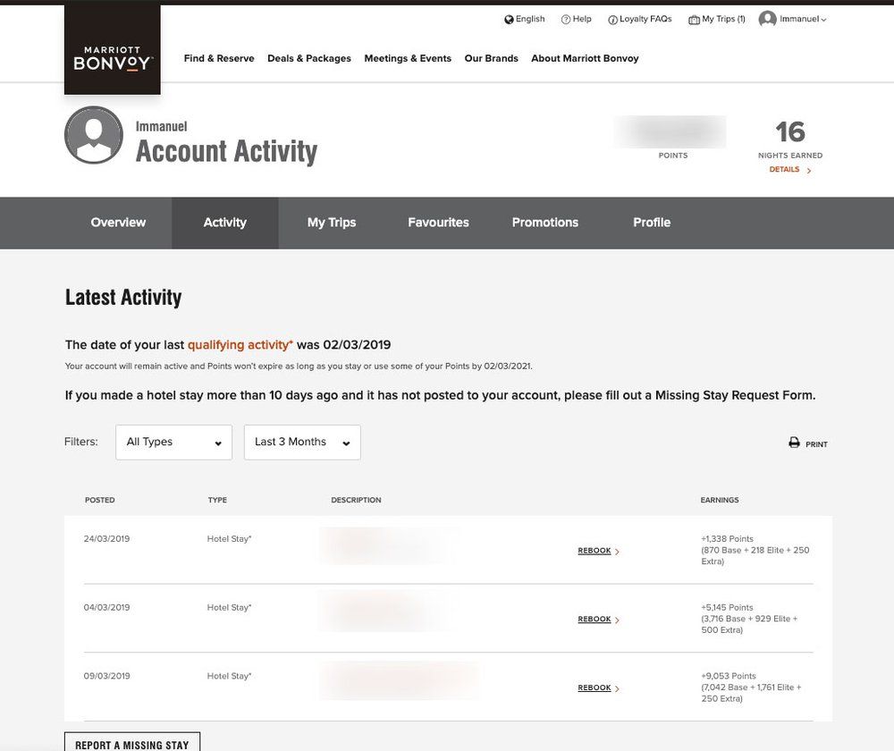 Marriott Bonvoy account activity showing 16 nights earned