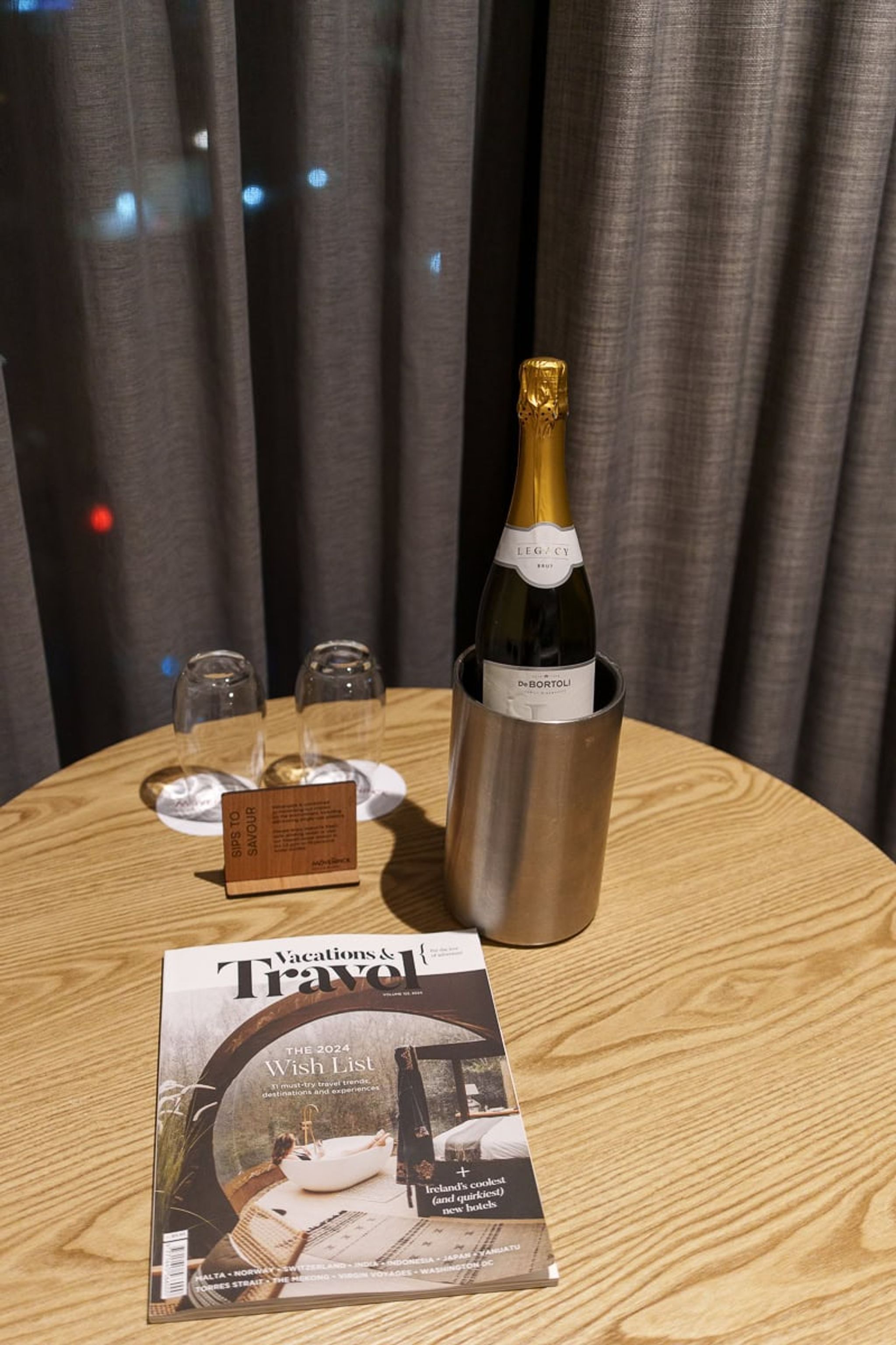Welcome bottle of sparkling wine and glasses at Mövenpick Hotel Hobart