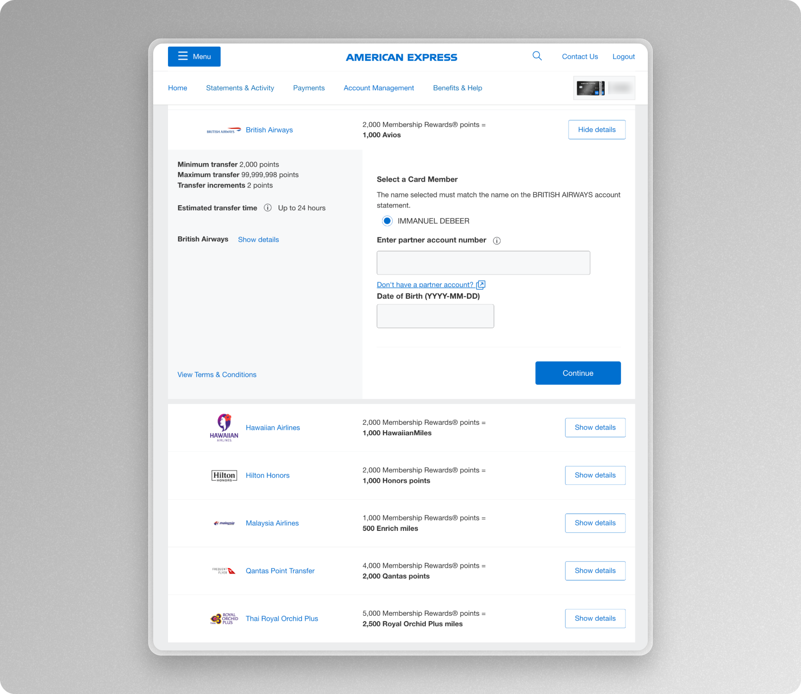 American Express Membership Rewards transfer to British Airways